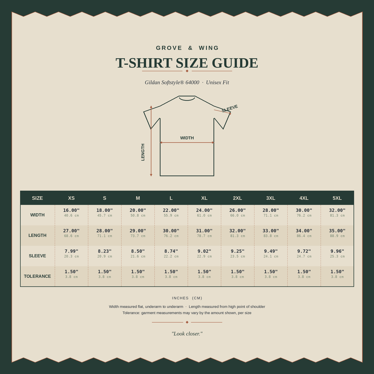 Grove & Wing Size Guide