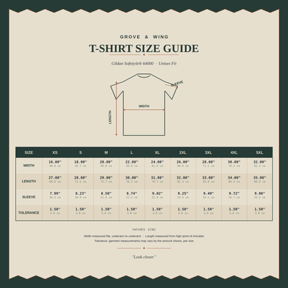 Grove & Wing Size Guide